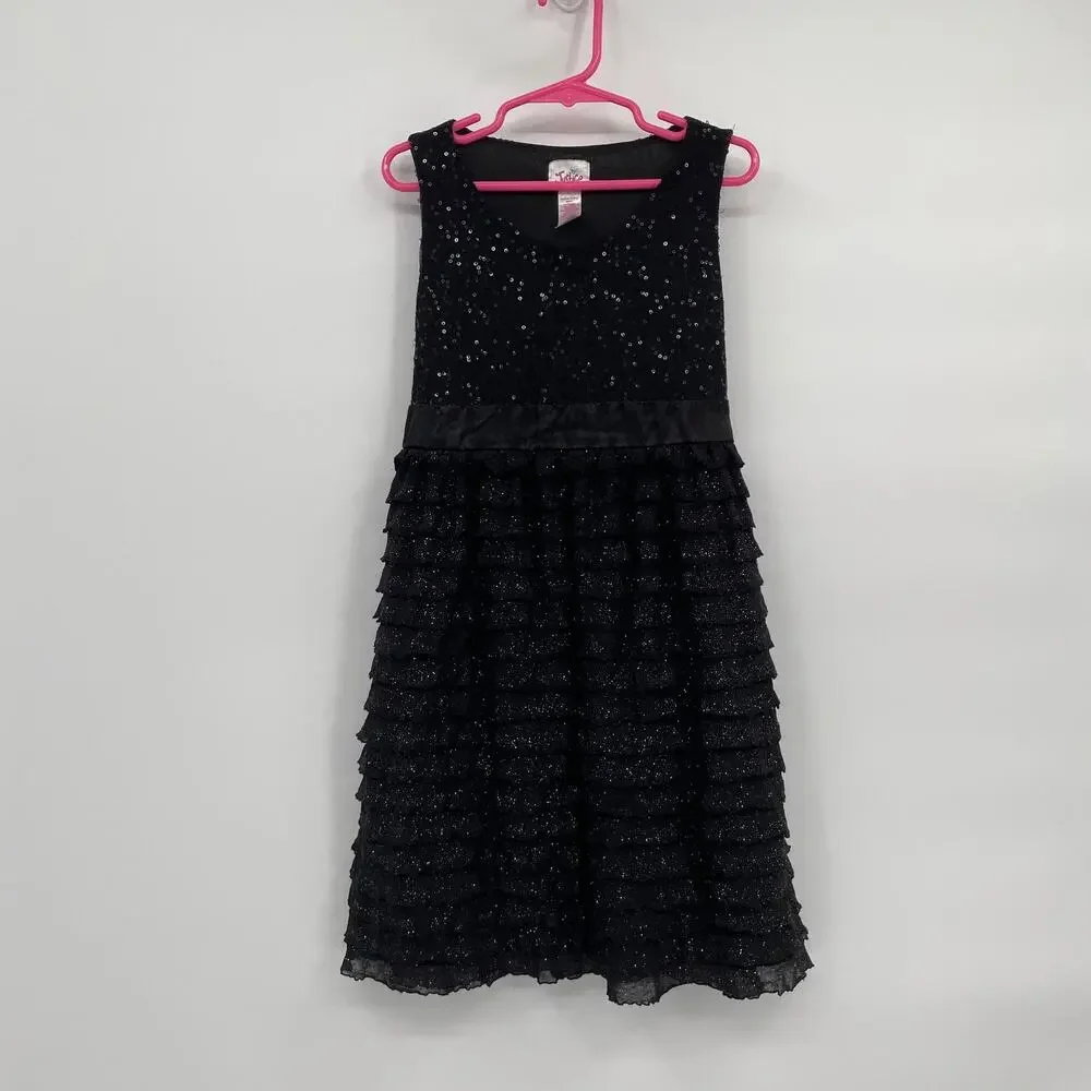 Justice Sleeveless Tank Dress Black Sequin Ruffles Fit & Flare Tie Back size 8